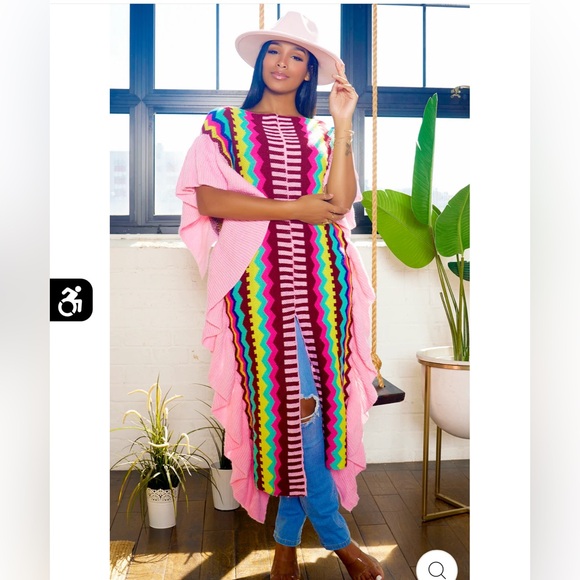 Athina, M(8/12) Poncho Sweater w/Ruffled Boarder, multicolor,mid calf length,NWT - Picture 1 of 6